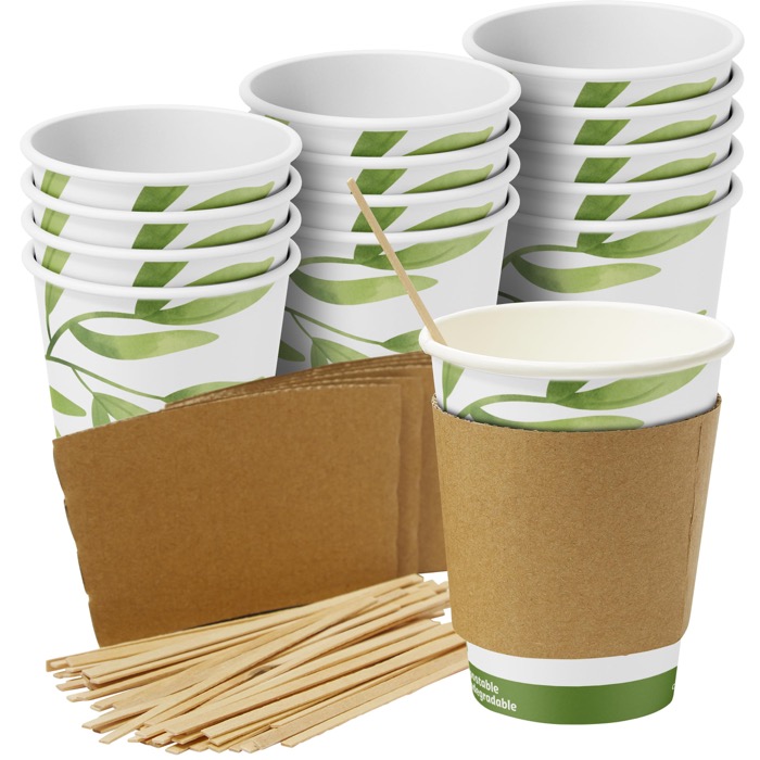 Compostable cups, sleeves, and stirrers